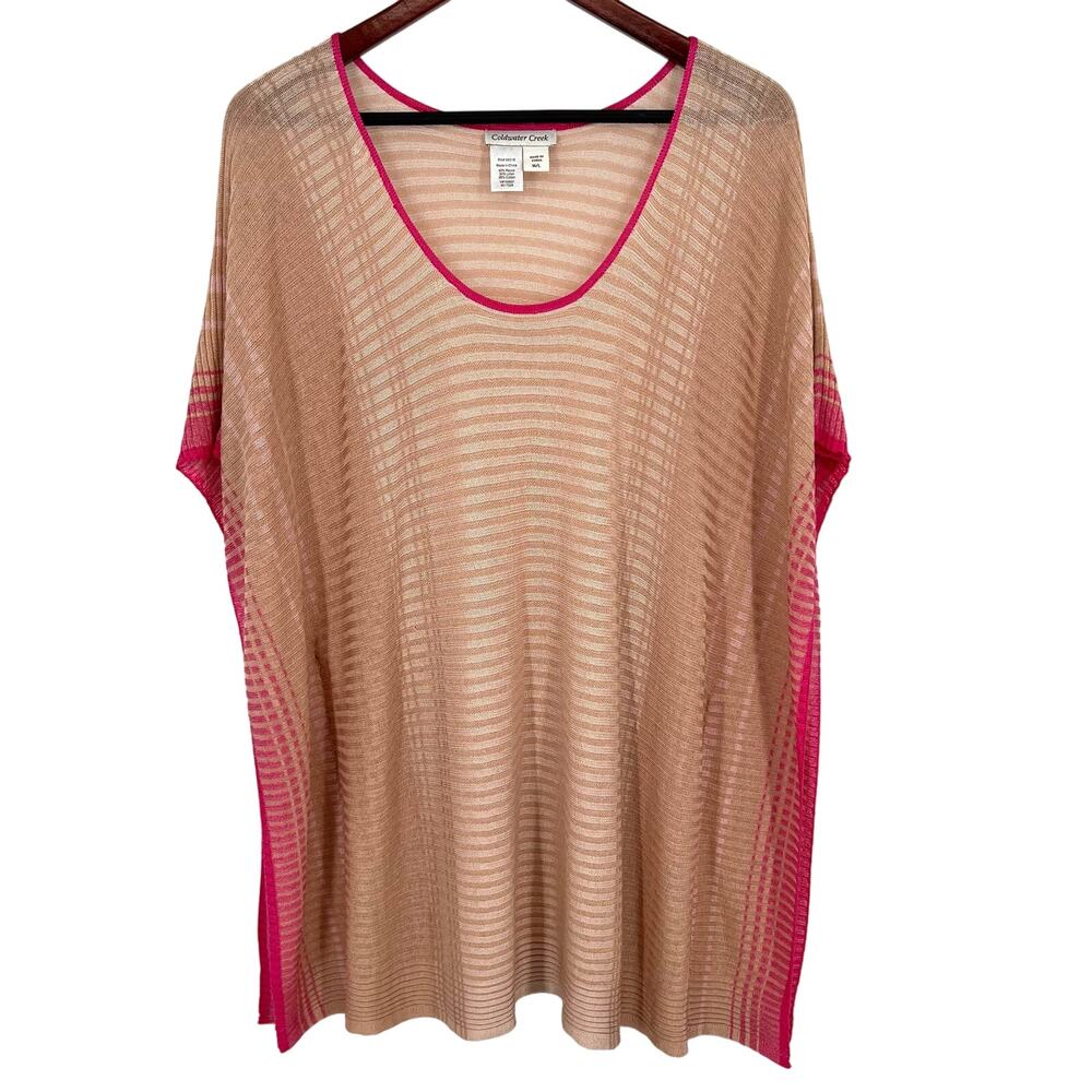 NEW Coldwater Creek LINEN BLEND Large Pink Tan Kimono Tropical Pool Shirt Top